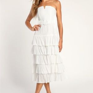 White Strapless Belted Tiered Midi Dress size Small NWT